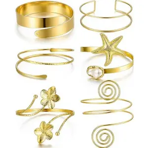6PCS Gold Arm Cuff Bracelets for Women, Boho Statement Gold Upper Arm Bangle Band Armlet, Open Adjustable Cuff Bracelet set Stackable Jewelry