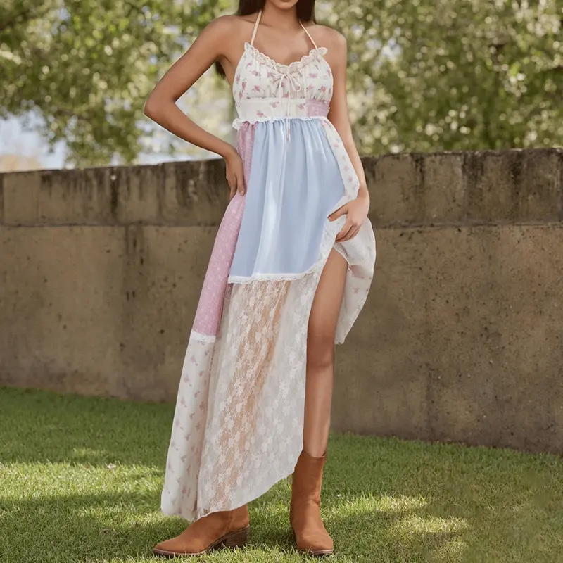 chinese dress ladies Women Floral Maxi Dress Spaghetti Straps V Neck Lace Patchwork Flowy  Tiegreen Boho Beach Sundress Long Dresses Blue S at Amazon Women's Clothing  store