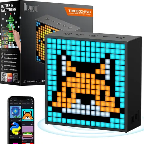 Divoom TimeBox Evo - Pixel Art Bluetooth Speaker with 16x16 LED Display APP Control - Cool Animation Frame & Gaming Room Setup & Bedside Alarm Clock- Black , speker gift Music Sound System Audio techvibes