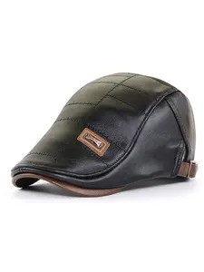 Men's Adjustable Newsboy Hat Beret Hat Driving Hunting Fishing Hat Genuine Leather Ivy Cap Fashion Beret Hat Flat Cap Leather Patch Hat