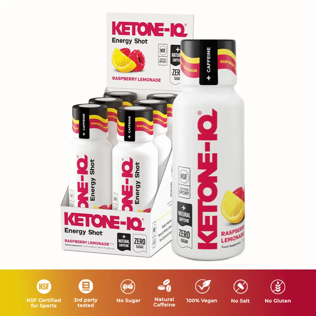 Ketone-IQ Caffeine Energy Shot for Focus & Energy - No Sugar, Natural Caffeine, 100% Vegan - Raspberry Lemonade Flavor - 6 Shots