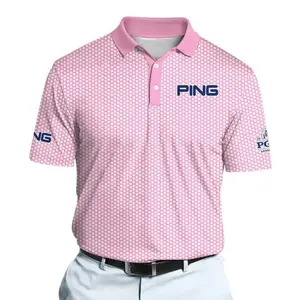 2026 PGA Championship Houndstooth Geo Pink Lemonade Men Polo Shirt Golf Performance Wear, Easy Care, Machine Wash Safe, Soft