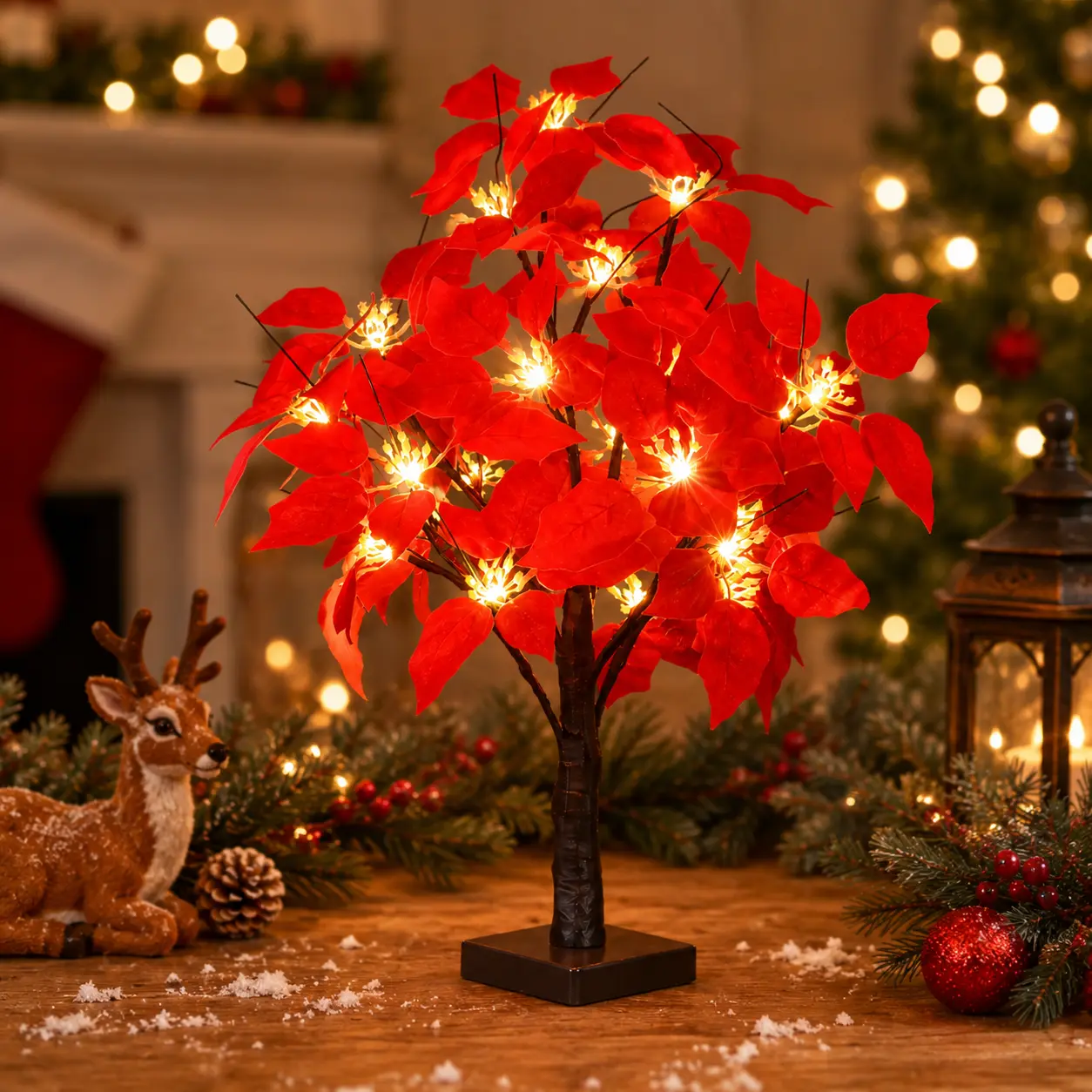 LED Lighted Poinsettia Tree, Decorative Christmas Tree Lamp with Warm White Lights, Festive Tabletop Tree Decor for Home, Bedroom, Living Room, Holiday Party