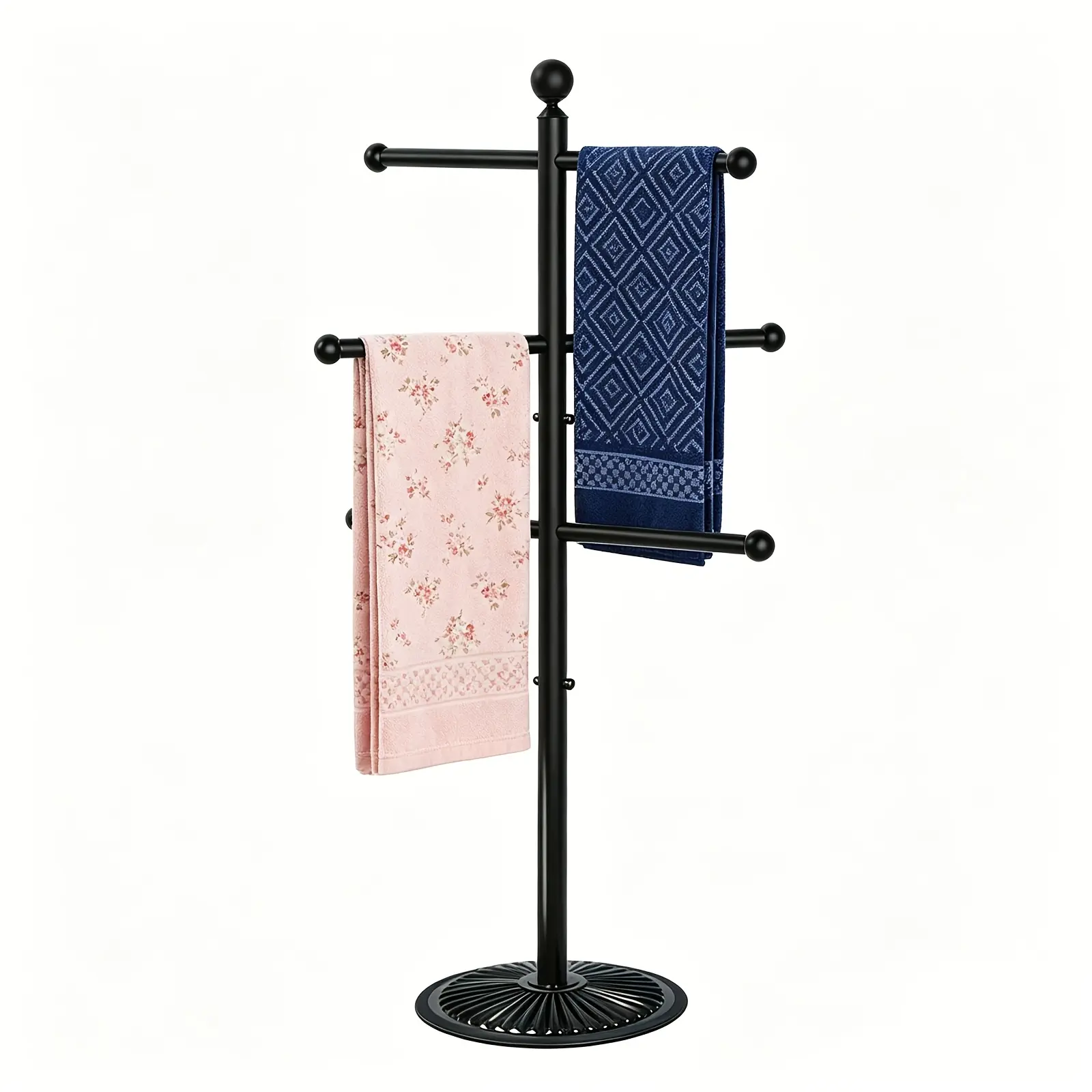 Heavy-Duty Carbon Steel Poolside Towel Rack - 6 Crossbars, Drill-Free Freestanding Tipping-Resistant Non-Slip Base, Excellent Ventilation, Matt Black Color-Coated Bathing Area Equipment for Swimming Pools, Spas, Metal, Resists Rust And Fading, Six Towels