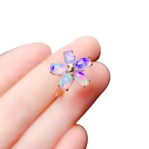 Australian Fire Opal Flower Ring 4x6mm 925 Sterling Silver