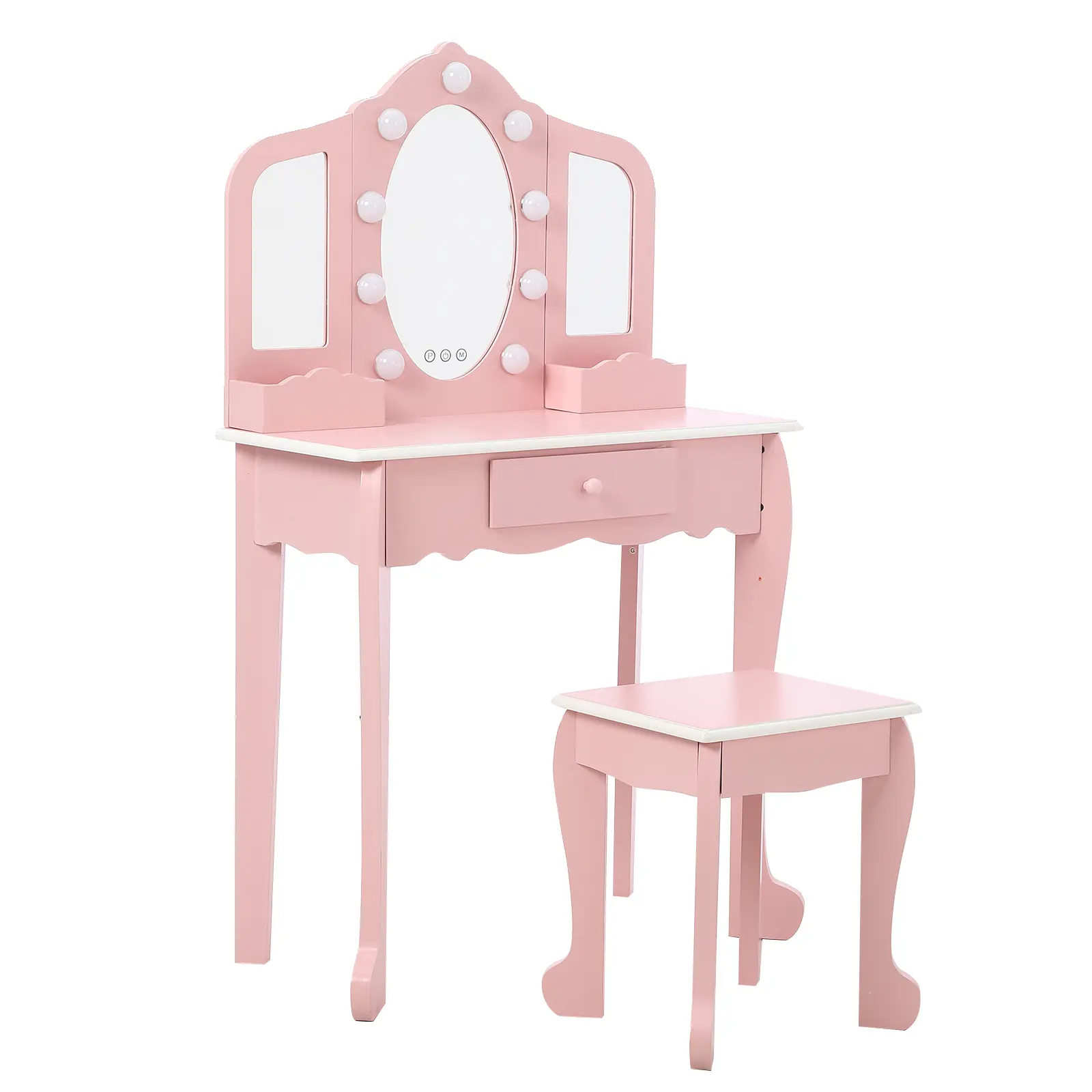 Girls Pink Vanity Table Children's Furniture Set - Lighted Tri-Fold Adjustable Mirror, Makeup Table & Stool with Drawer Storage Grid, MDF Wood, Simple Setup, 39x31x13" Birthday Gift for Ages 3-9