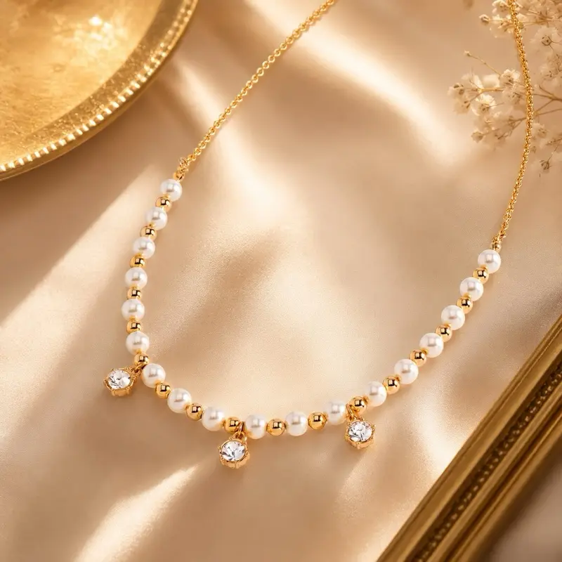 Nice&bella 18k Gold-plated necklace with pearls, metal spheres and stone pendants