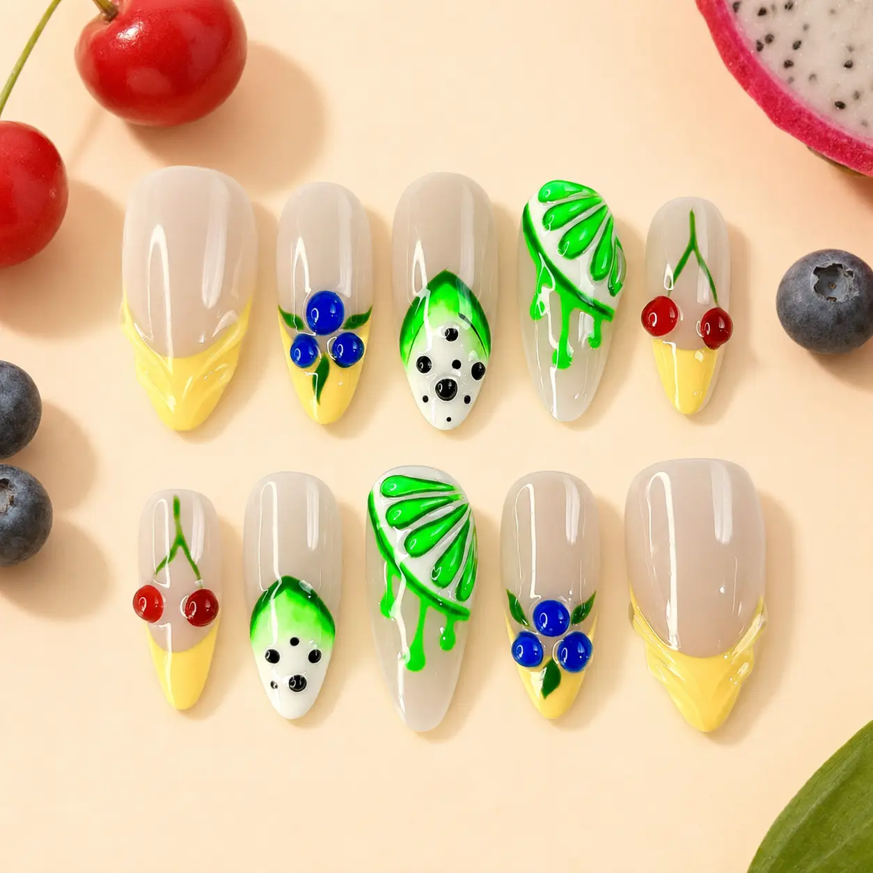 Nuvela Nail Juicy Summer Picnic Handmade 3D Press On Nails, Medium Almond, Tropical Fruit Art, Reusable Salon Quality Nail Set