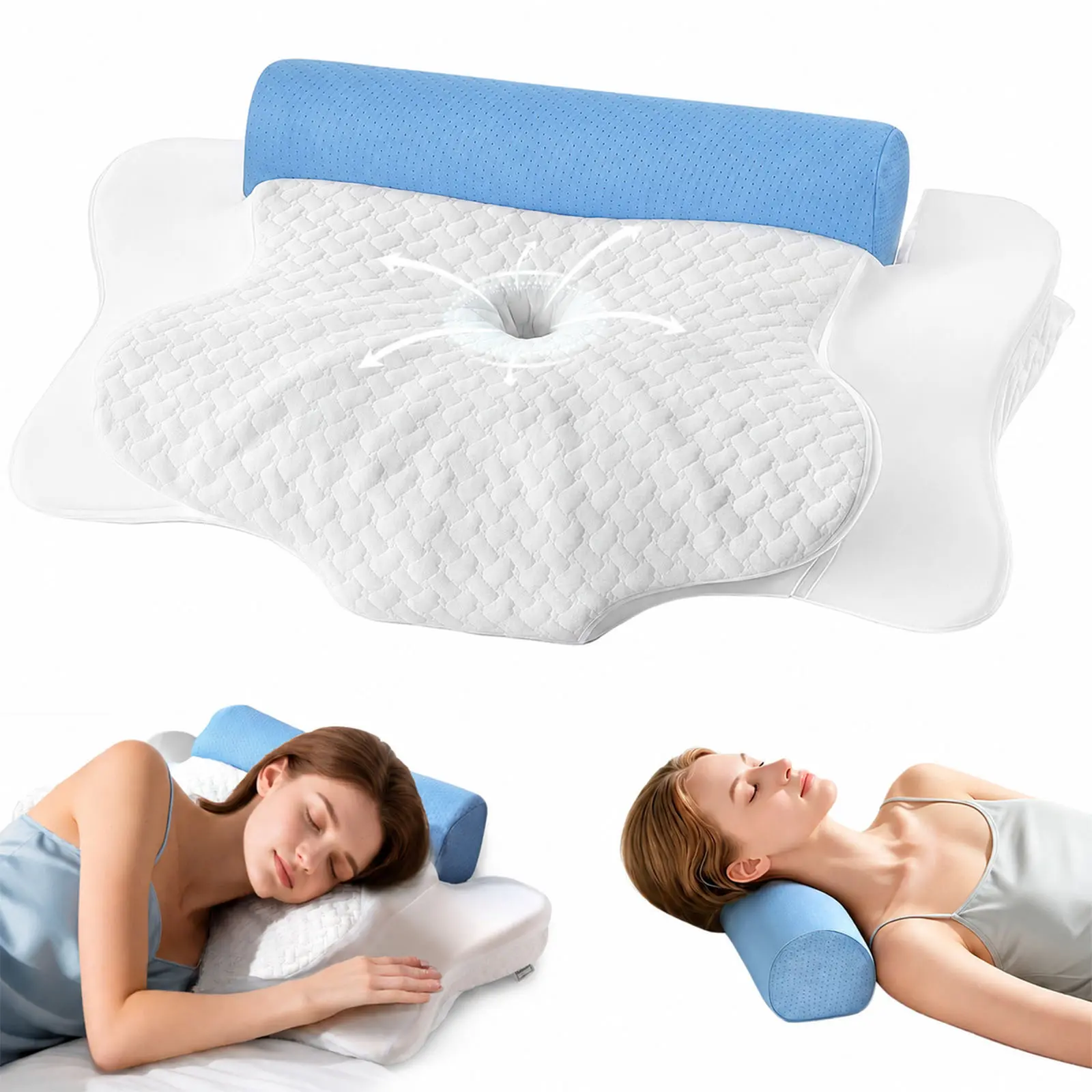 Ergonomic Contour Side Sleeper Pillow with Arm Hole, Japanese Style Neck Support Sleep Pillow, 2-in-1 Memory Foam Contoured Cushion for All Sleeping Positions