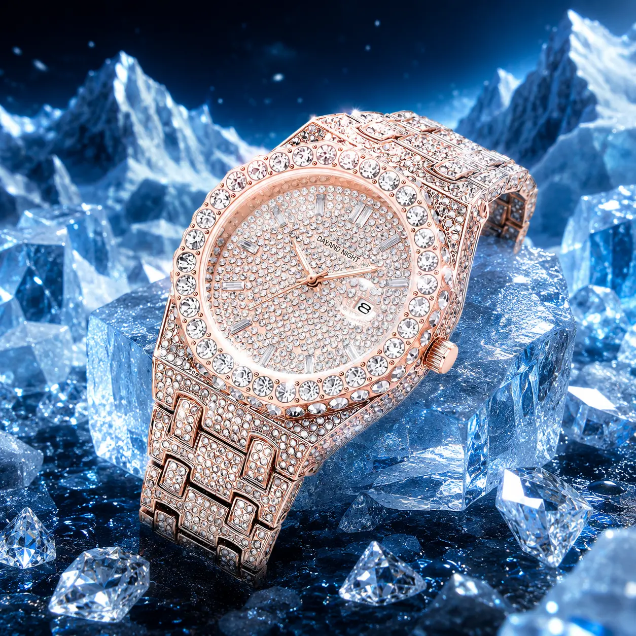 Men's 42MM Rose Gold Alloy Analog-Digital Stainless Steel Quartz Watch, Iced Out Fashion Jewelry Wristwatch with Date Display, Ideal for Everyday-Business Casual, Father's Day Gifts, Mens Gifts, Watches, Clasp, Fashion Jewelry Wrist Watch