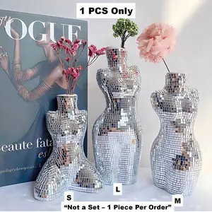 Modern Chic Vase Form, Centerpieces 7 inch Silver Handmade Ceramic Disco Shaped Vase, Creative Disco Floral Vases for Flowers Plant Boho Home Art Decor, Ceramic Bouquet Vase, Decorative Vase