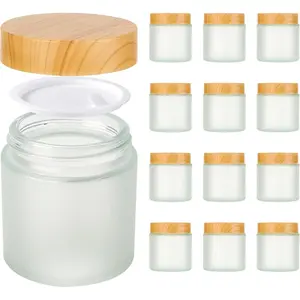 4oz Jars with ,   12 Pack Frosted Glass Jars with  Empty  Containers Round Airtight Glass Jar with Inner Liners and Woodgrain Lid for Storing , Powders, and Ointments