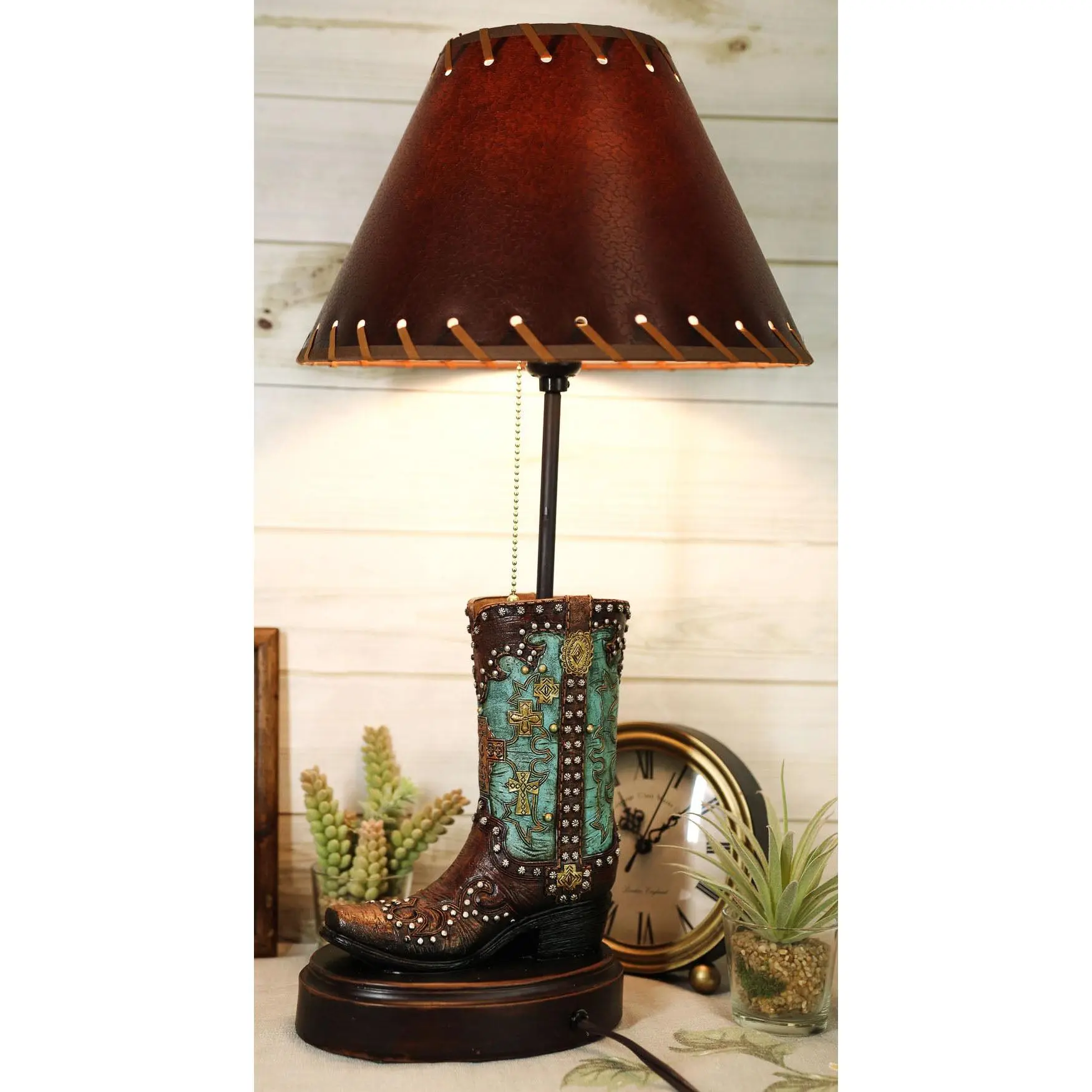 Western Tooled Turquoise Cowboy Boot Table Lamp, Hand-Painted Polyresin Home Decor Lighting, UL Approved with Leather Shade for Desktop