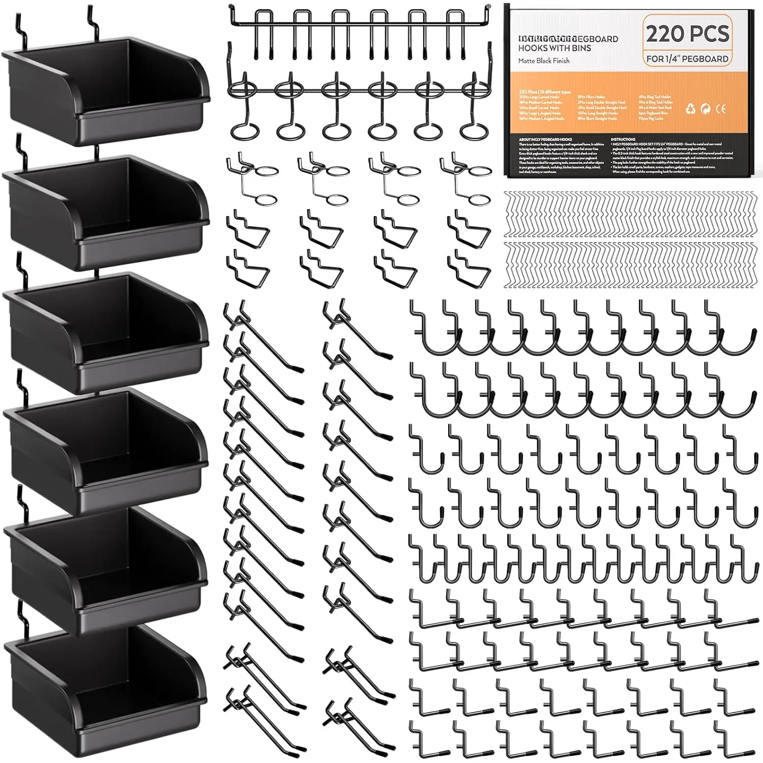 220 count Extra Thick 1/4" Pegboard Accessories Organizer Kit, Heavy Duty Black Pegboard Hooks with Bins and Peg Lock, Peg Board Hooks Assortment for Garage Wall Attachments Hanging Tools