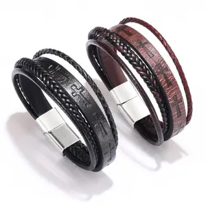 Mens Leather Cross Bracelet Multilayer Braided Wristband Bangle Bracelets with Stainless Steel Buckle Religious Gift for Men