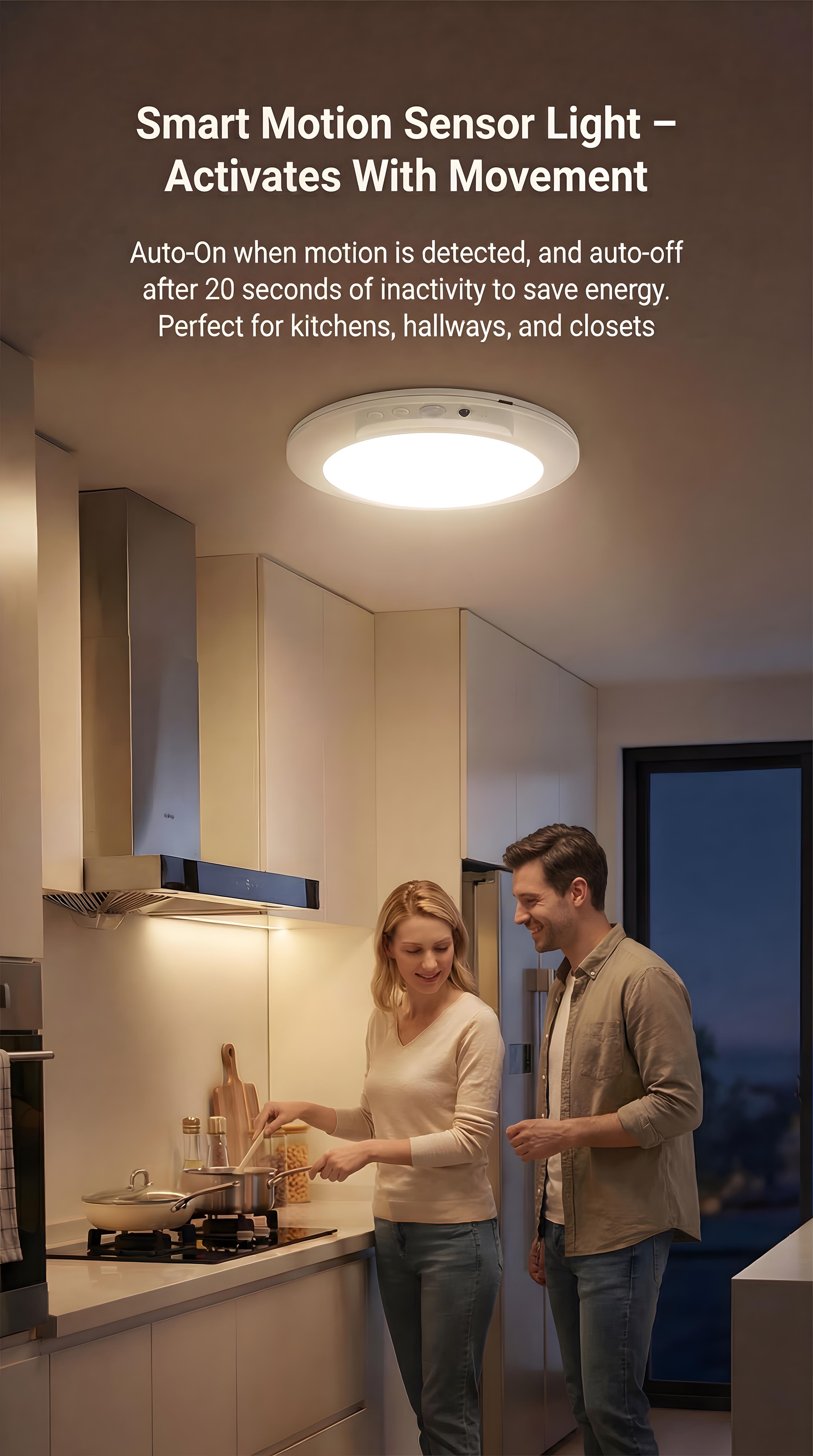 Rechargeable motion sensor ceiling light with remote — battery-operated wireless LED overhead light, dimmable with three color temperatures, no wiring, renter-friendly indoor lighting for closet, shower, pantry, and hallway