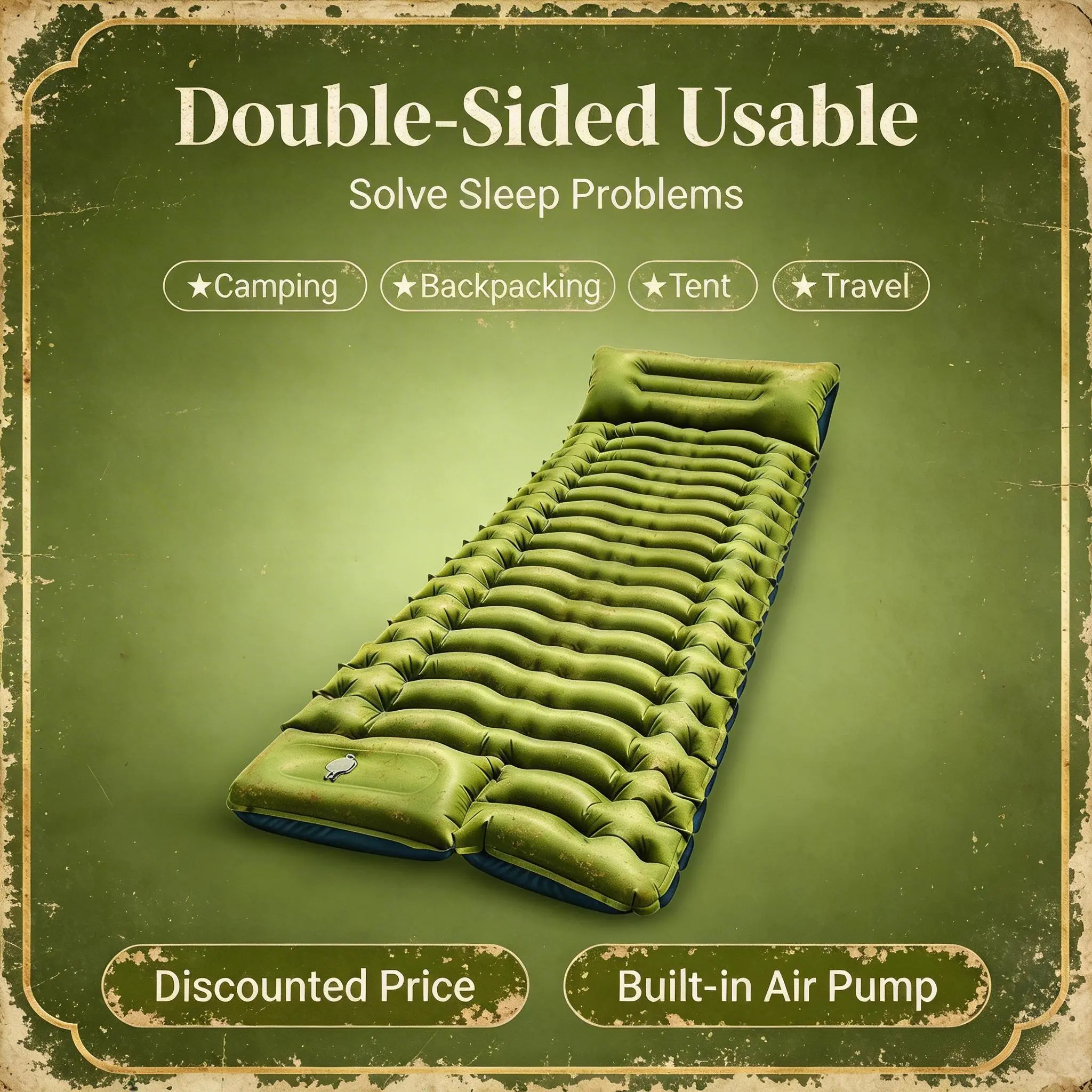 Double Inflatable Cot Pad - 190cm Long, Built-in Pillow & Medium Firm. Ultralight Ultra Compact, Dual-Use: Camping & Car Seat Bed for Outdoor Travel/Camp/Beach/Vacation/RV Bunk! Outdoorgear Sleeping Mat
