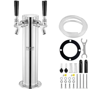 【Father's Day】VEVOR Dual Taps Draft Beer Tower Dispenser,  Stainless Steel Keg Beer Tower, Kegerator Tower Kit with Pre-Assembled Tubing and Self-Closing Faucet Shanks for Party, Bar, Pub, Restaurant