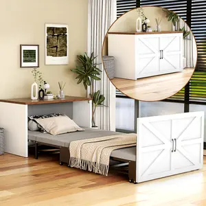 MOPHOTO Murphy Bed Cabinet with Mattress, Hideaway Foldable Beds Space-Saving Pull Out Wooden Murphy Bed Chest for Small Room Home Office Guest Room Living Room