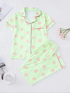 Women's Sleepwear Loungewear Set, Smiley Plaid Print, Elegant Casual, Comfortable Lapel Short Sleeve Top & Wide Leg Pants, Holiday Party Wear