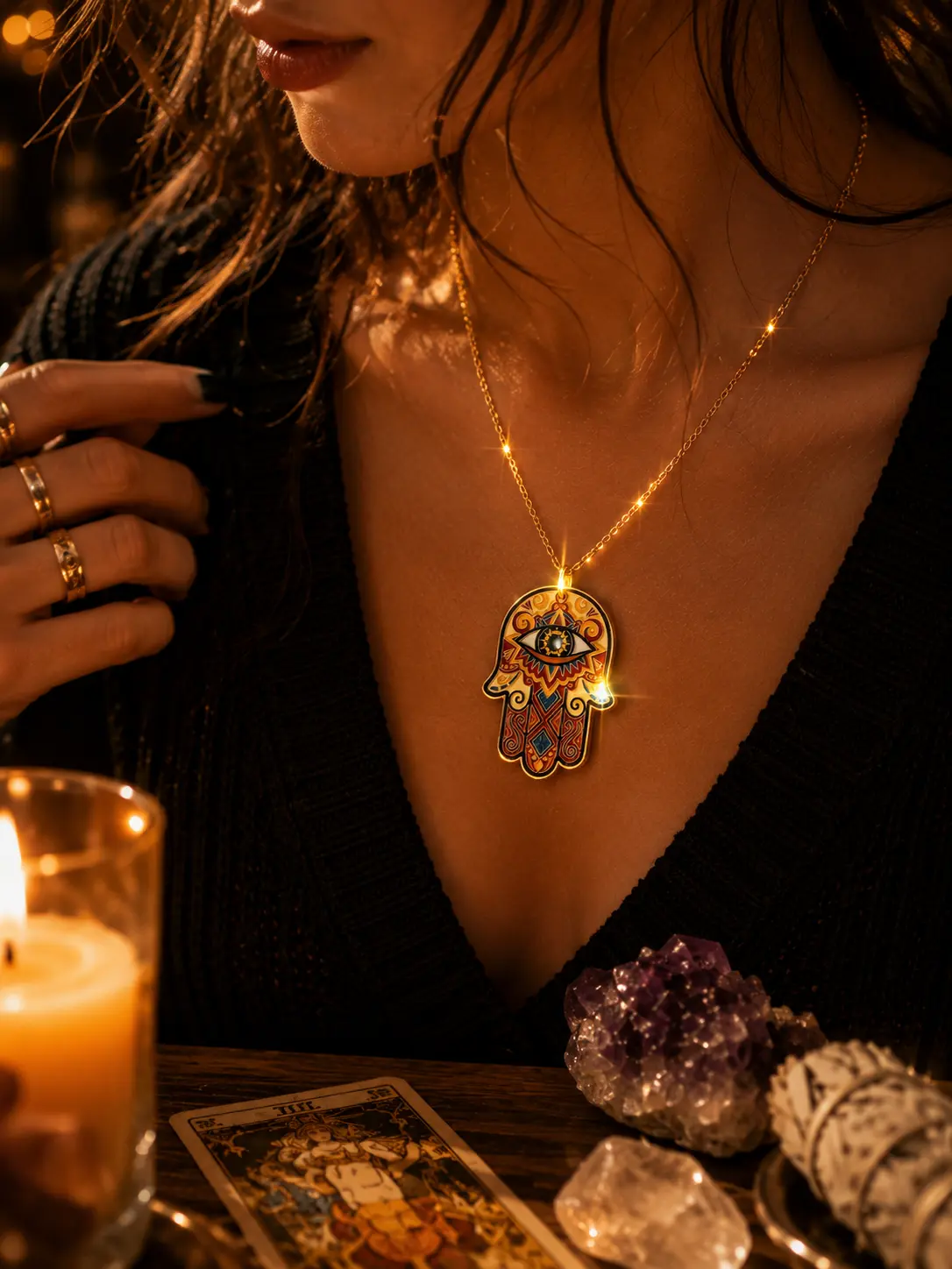 Women's Hamsa Hand & Evil Eye Protection Amulet Necklace - Metal Chain Spiritual Jewelry, Casual Y2K Costume Accessory, 2026 Mother's Day Memorial Day Gift