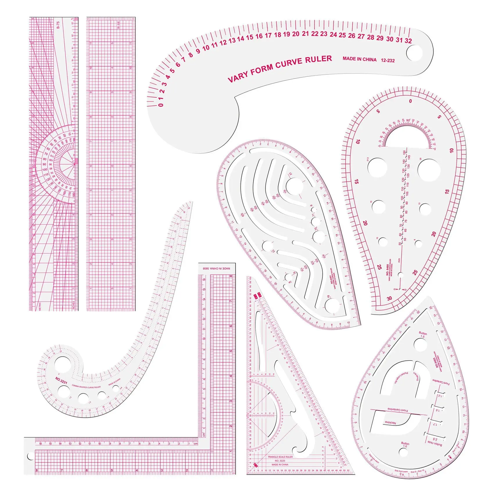 9PCS Fashion Clear Metric Sewing Ruler Set, French Curve Pattern Rulers for Beginners, Tailors, Designers, Quilting, Embroidery, Cross Stitch, Crochet, Knitting