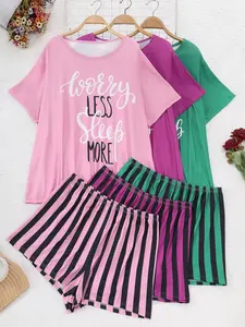 6pcs Women's Plus Size Casual Knit Short Sleeve Shorts Letter Print Three-Piece Set Pajamas, Home Wear, Spring Summer, Can Be Worn Outdoors