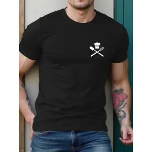 Men'S Chef Graphic T-Shirt - Soft Cotton, Black with White Culinary Design, Short Sleeve, Round Neck, Sizes S-3XL, Perfect for Chefs & Cooking Enthusiasts, Culinary Apparel |   Casual Style |   Medium Stretch Fabric