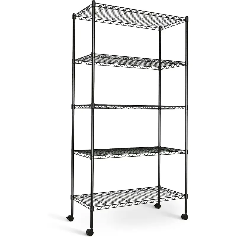 5-Tier Heavy-Duty Adjustable Metal Wire Shelving Unit with Locking Wheels, Sturdy Black Steel Construction for Versatile Storage, Ideal for Garages, Kitchens, Storage Rooms, Laundry Rooms & Offices