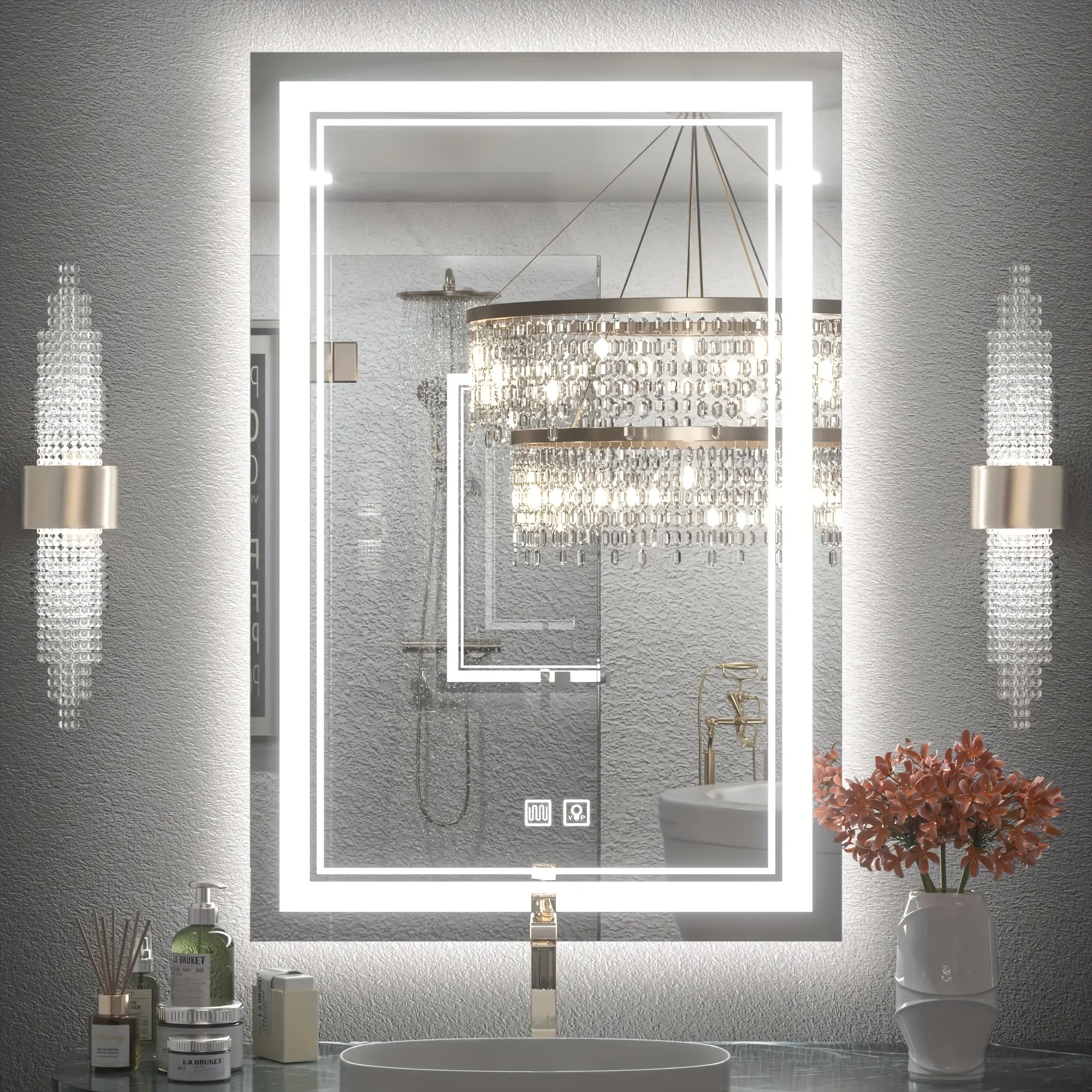 SHAMATE Smart LED Vertical Rectangle Wall Mirror - 16x24in Tempered Glass Bathroom Fixture, Dual Touch Buttons, Brightness Adjustment via Long Press, Defogging Function, Polished Glass Vanity Front