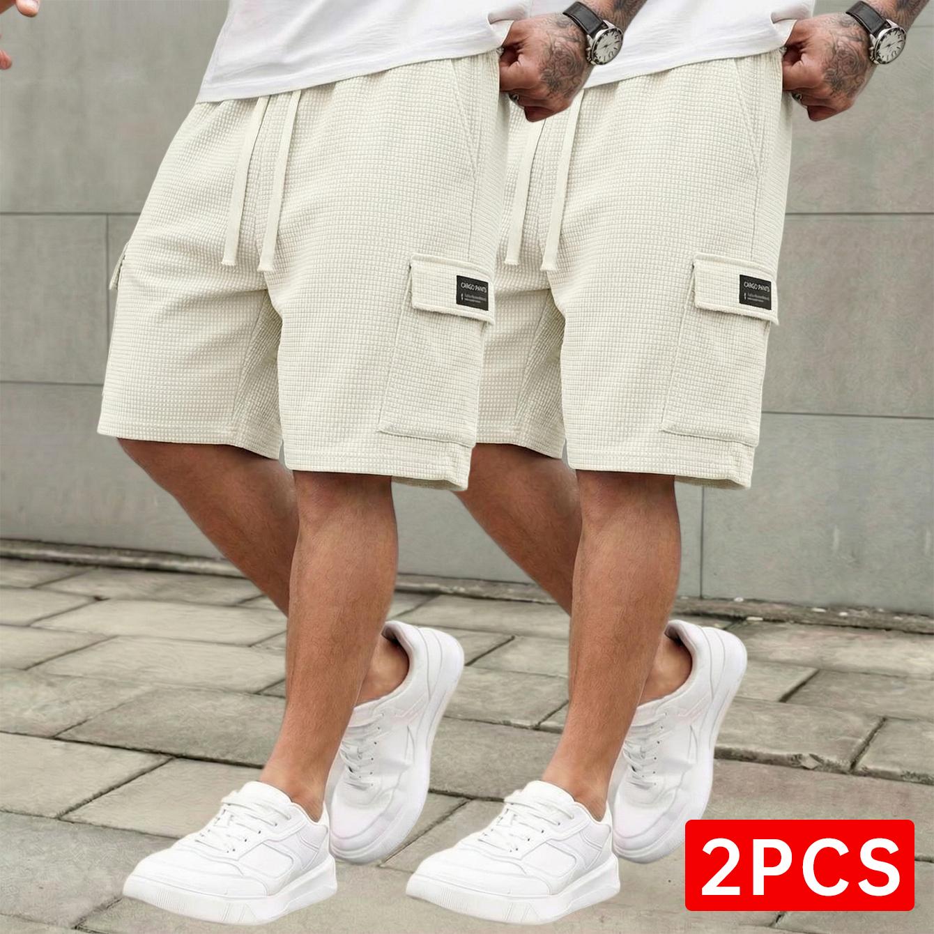 3-pack men’s waffle fabric casual cargo shorts with drawstring waist, available in multiple colors, suitable for summer streetwear outfits