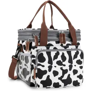 Lunch Bag for Women Men Double Deck Expandable Lunch Box,Large Lunch Bags,Leakproof Lunch Box Cooler BagCow Print
