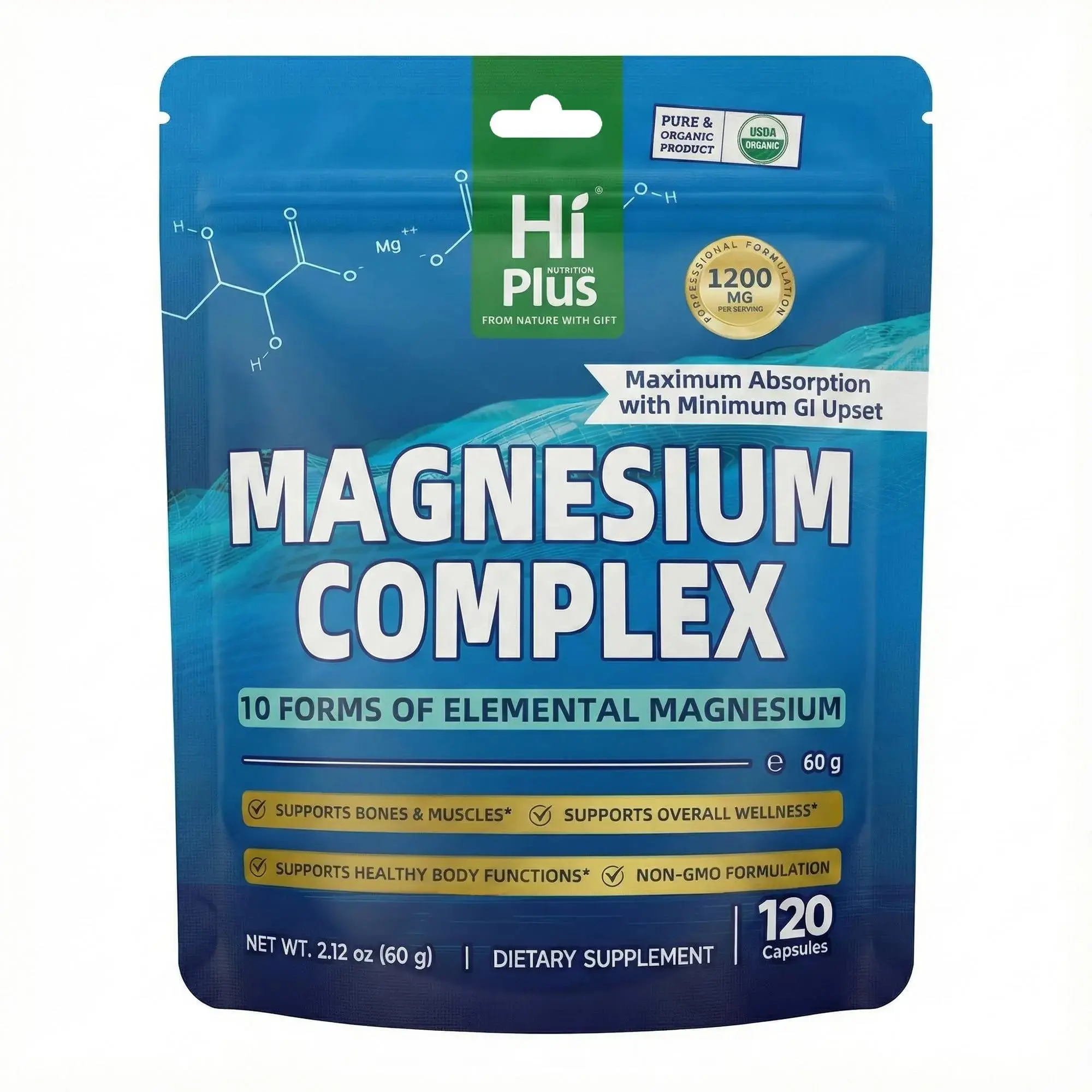 HiPlus Magnesium Complex Dietary Supplement - 10 Essential Magnesium Forms, 1200mg, 120 Capsules - Edible Healthcare for Fitness Support