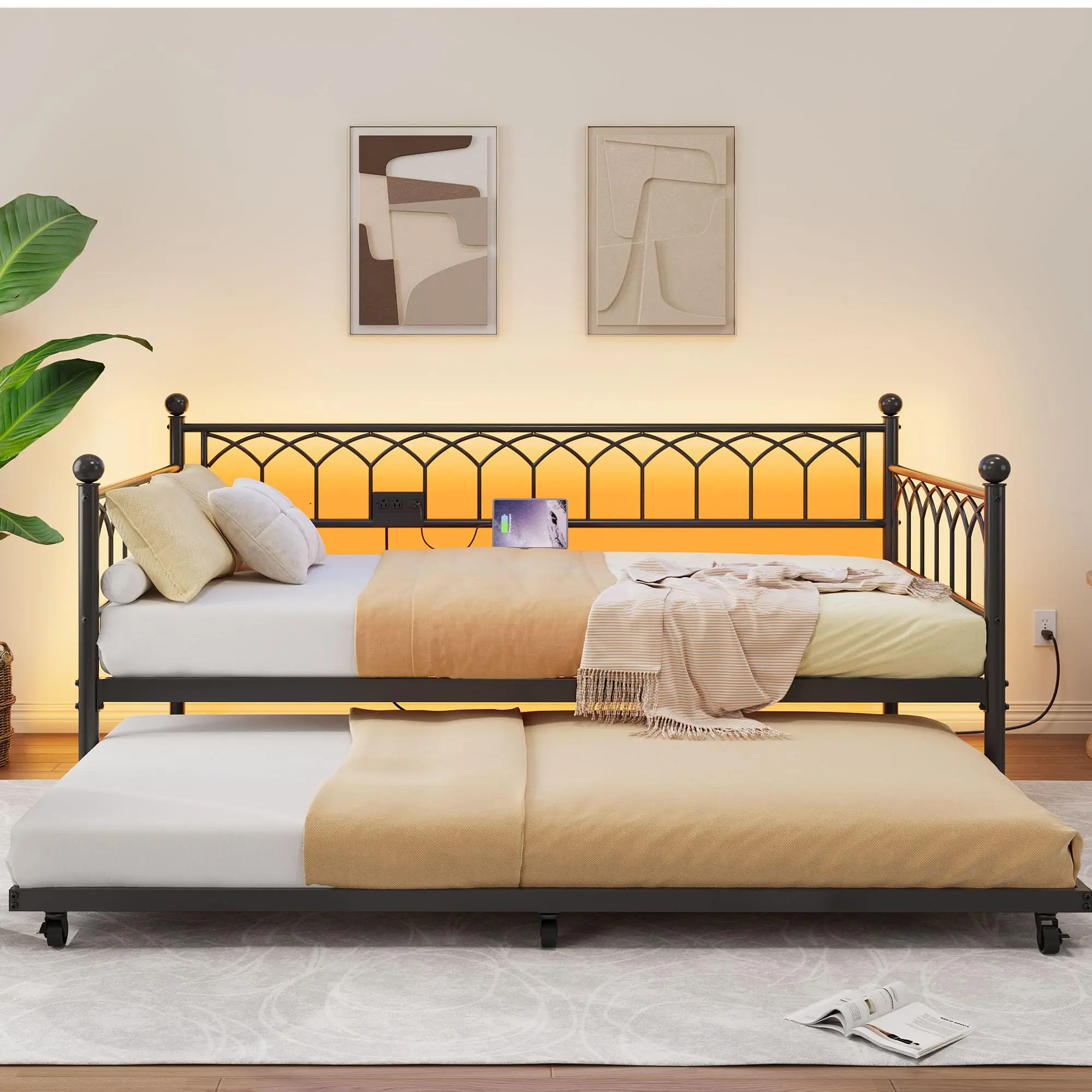 Metal Sofa Bed Frame with Trundle, Twin Daybed Design, Integrated LED Lights and Charging Ports, Space Saving Furniture for Various Indoor Living Areas Bed Unit,dorm essentials,home decor