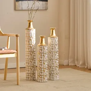Decorative Metal Vases Set of 3, 24/28/32.3 Inch Gold Leaf Pattern Floor Vases, White & Gold Tall Vases for Home Decor, Living Room Entryway Decor (5.31in Base Width)