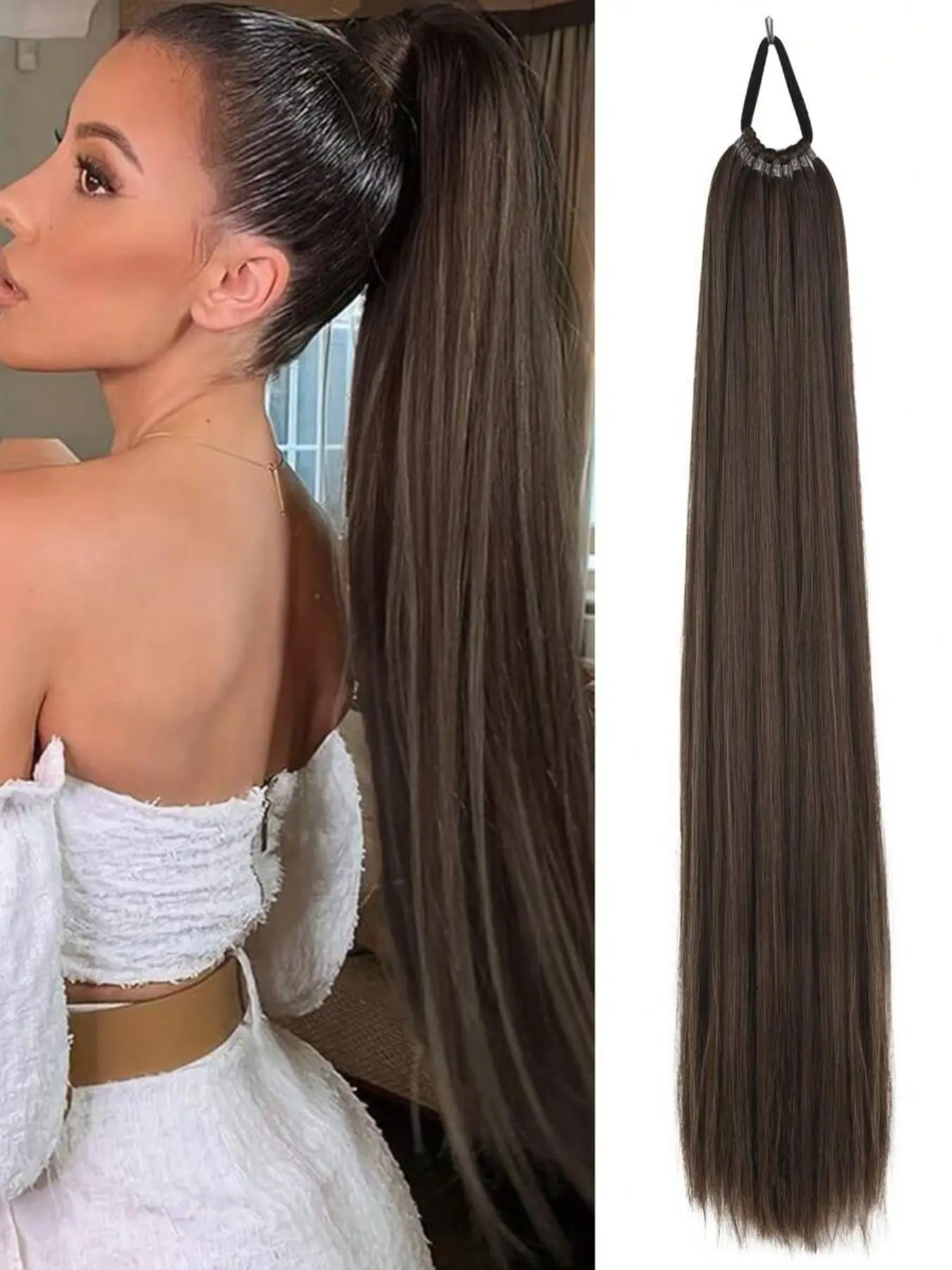 Ponytail Extension Yaki Straight Ponytail Extension With Versatile Elastic Bands 24inch Synthetic Pony tail Extension Warp Around Pony Tail Ponytail Hairpiece Straight Hair Extensions for Women Synthetic Hair Hairpieces