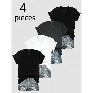 Women's 4-piece V-neck casual T-shirt, fashionable style solid color oversized T-shirt, suitable for daily wear and street wear women's clothingRAIMENTRY