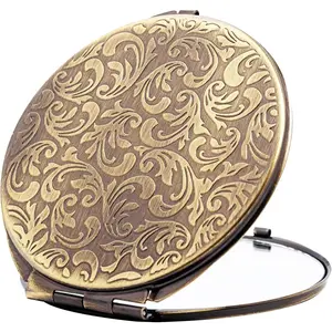 Vintage Bronze Compact Mirror – 1x/2x Magnification, Portable Folding Pocket Travel Mirror for Purse or Wallet, Metal Makeup Mirror