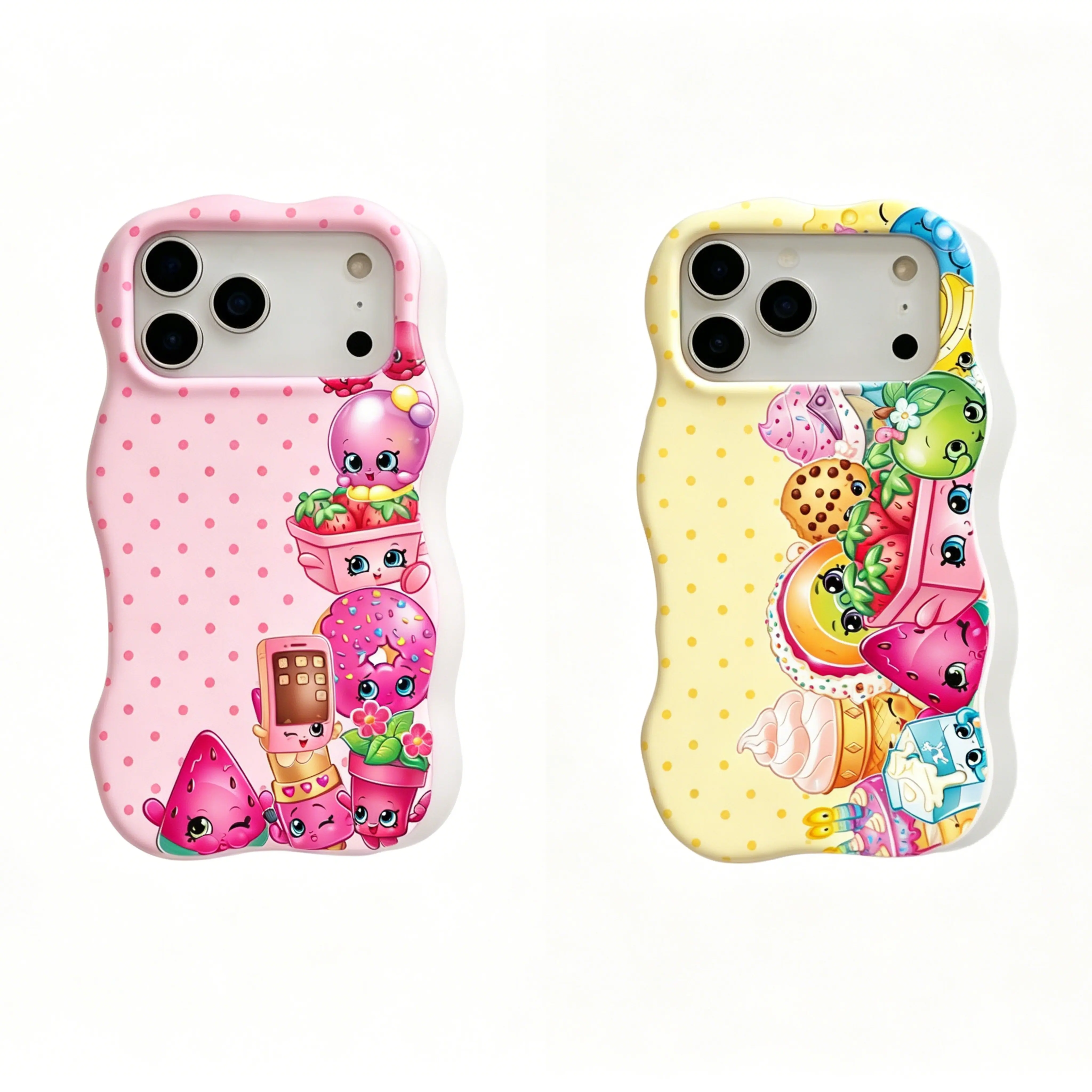 Shopkins cartoon print phone case crafted from premium Wave shell material, compatible with iPhone 11-17 Pro Max/Plus and Samsung Galaxy S23-S25 series.