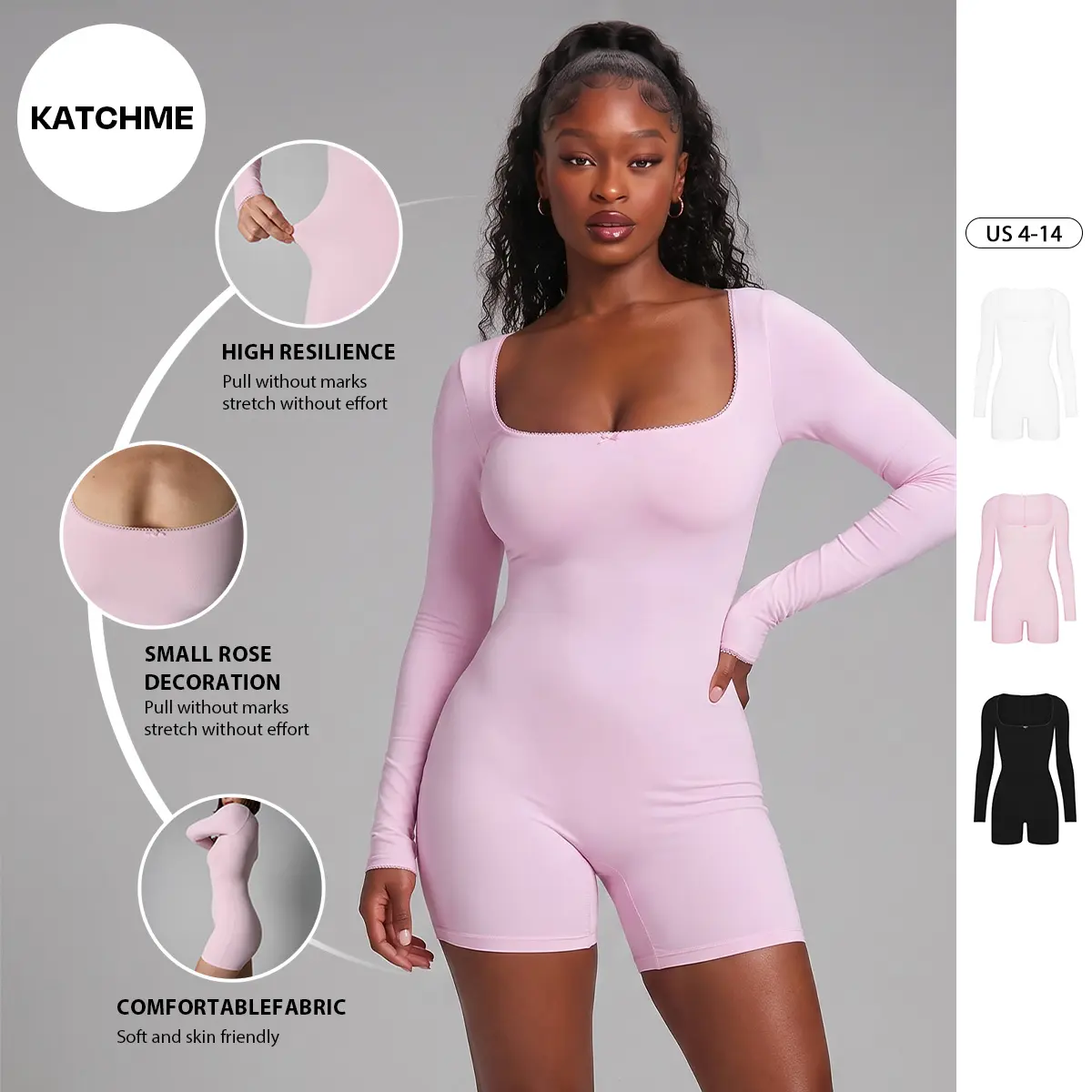 KatchMe Women's Workout Solid Color Lace Square Neck Long Sleeve Seamless Playsuit, Athletic Lightweight Stretch Shapewear, Breathable Womenswear