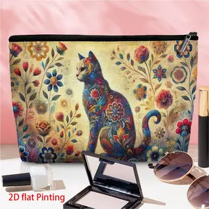 1pc Colorful Cat Floral Portable linen cosmetic bag, exquisite printed cosmetic storage bag, Travel Cosmetic Pouch With Secure Zipper, Lightweight Multi-functional Toiletry Organizer for Women