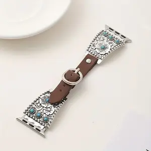 Vintage Turquoise Inlay Apple Watch Band Compatible SE/1-9 Series 38-49mm Women’s Elegant Zinc Alloy Strap with Leather Lanyard Durable Wearable Accessories