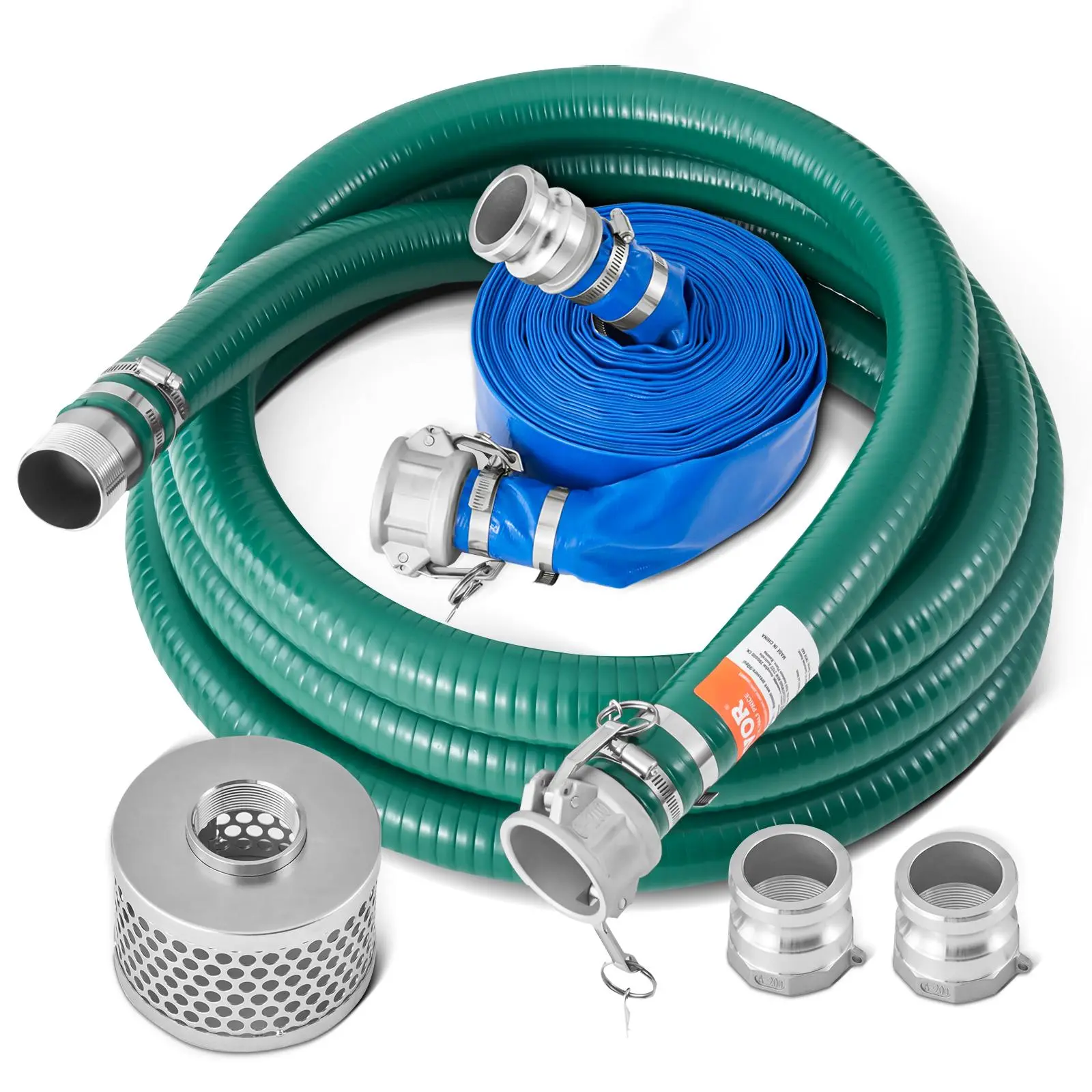 VEVOR Hardware Water Pump Suction Kit - 2 in x 50 ft Blue High-Density PVC Backwash Pipe, 20 ft Green Suction Pipe, Steel Round Hole Strainer, Camlocks, Clamps, Cam-Groove Adapter, 10mm Spools, Leakproof Seal, Full Coverage for Farmland Use