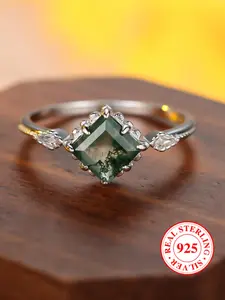 S925 Sterling Silver Natural Seaweed Agate Decorated Ring, Elegant Square Shaped Statement Ring for Women, Trendy All-match & Exquisite Jewelry for Birthday Gift Vintage Rings