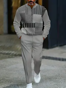 Men's Casual Sportswear Set, Sweatsuit Sets, Athleisure Sweatsuit, Tracksuit Set, Workout Sets, Striped Patchwork Design, Half-Zip Long Sleeve Tee + Comfortable Pants, Ideal for Daily Wear & Sports