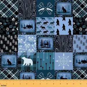 Bear Fabric by The Yard,1 Yard,Cute Elk Print Waterproof Fabric,Farmhouse Wild Animals Style Upholstery Fabric,Plaid Grid Geocmetric Blue Black Fabric