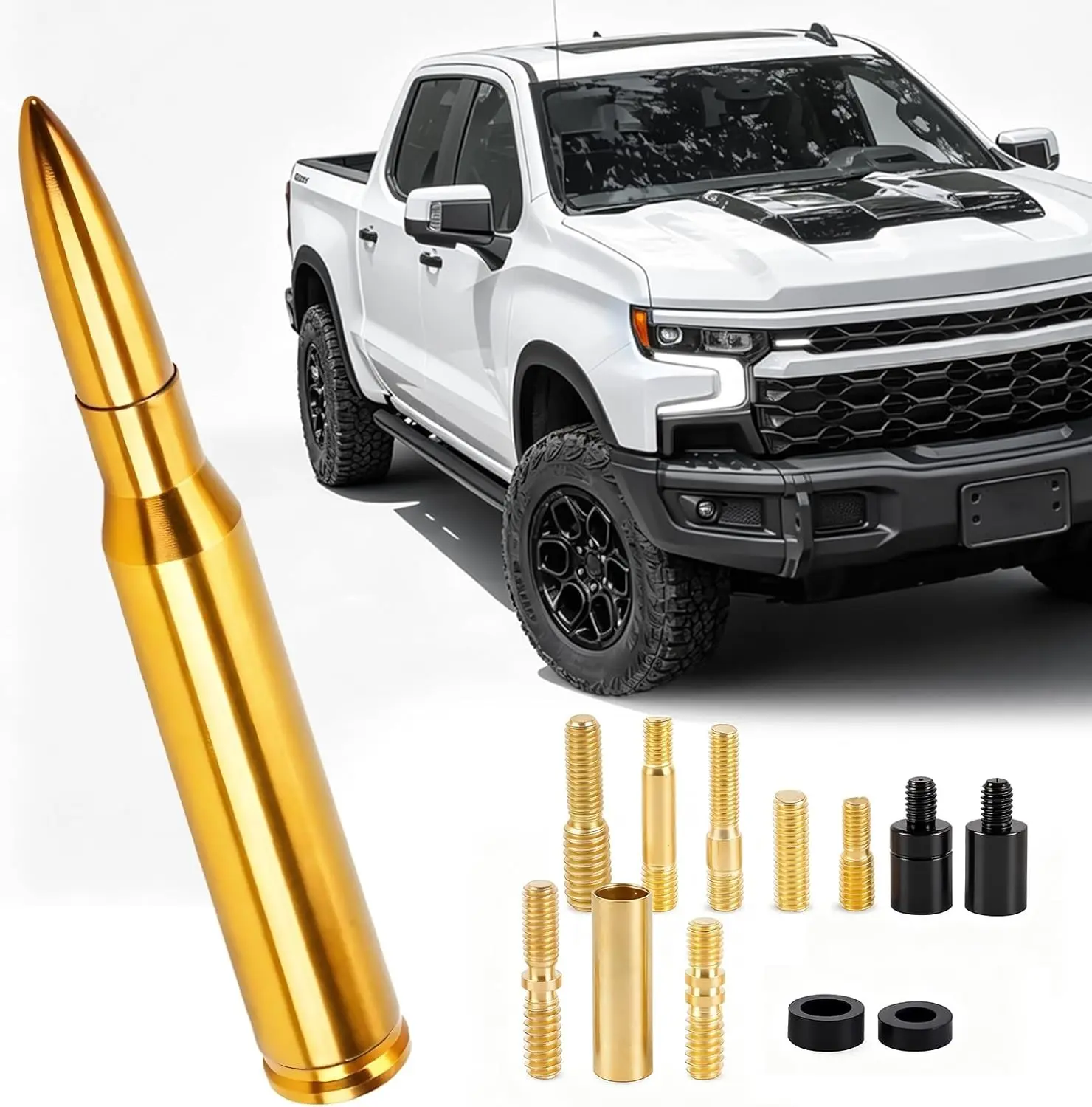50 Cal Bullet Antenna Chrome for Ford F150 F250 F350, Dodge RAM 1500, Chevy Silverado & GMC Sierra Short Replacement Radio Antenna for Truck