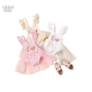 Global Baby Romper Dress with Mesh Stitching, One Letter Print Little Princess Summer Costume Princess Party Dress Flower Girl Bridesmaid Concert Costume