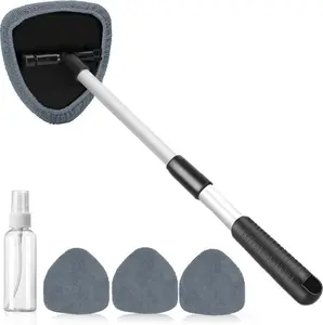Windshield Cleaning Tool, Microfiber Car Window Cleaner with 4 Reusable and Washable Microfiber Pads and Extendable Handle