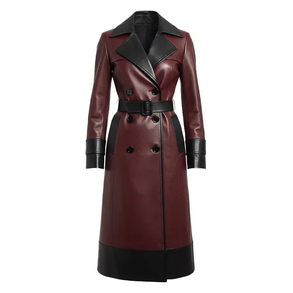 Women's Luxury Two-Tone Leather Trench Coat – Maroon & Black | Premium Real Leather Outerwear